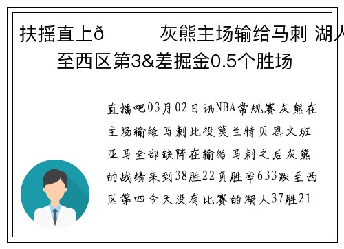 扶摇直上😉灰熊主场输给马刺 湖人升至西区第3&差掘金0.5个胜场